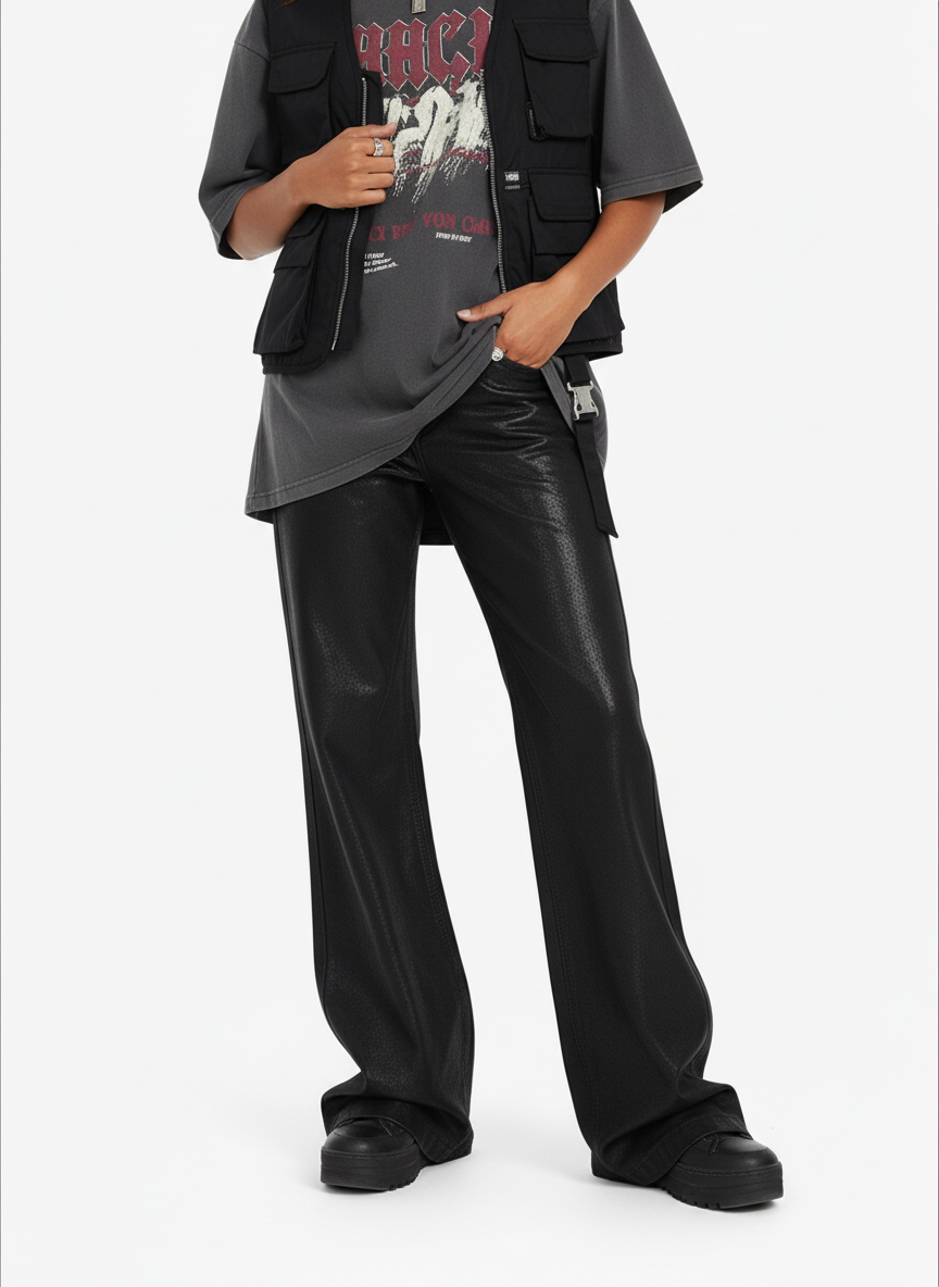 Theprecipice Black Wax Coated Flare Jeans - 2212