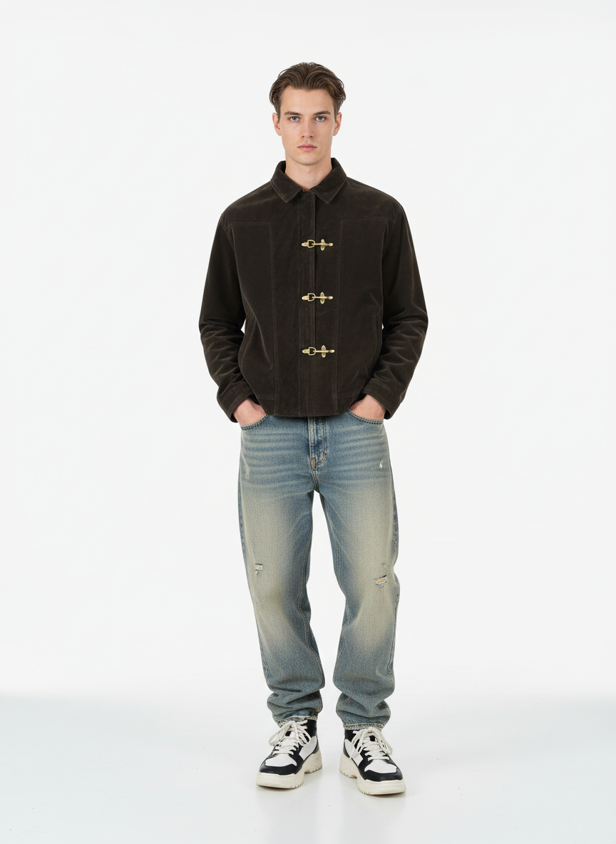 Retro Unique Metal Button Suede Lapel Bomber Jacket - 2538
