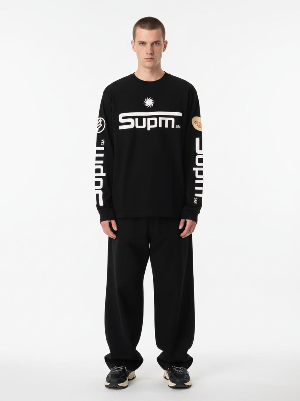 Textured Waffle SUPM Letter Graphic Long Sleeve T-Shirt - 2600