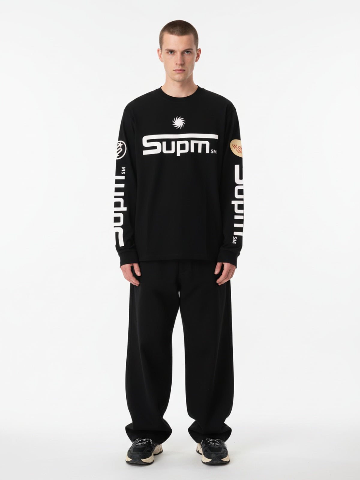 Textured Waffle SUPM Letter Graphic Long Sleeve T-Shirt - 2600