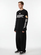 Textured Waffle SUPM Letter Graphic Long Sleeve T-Shirt - 2600