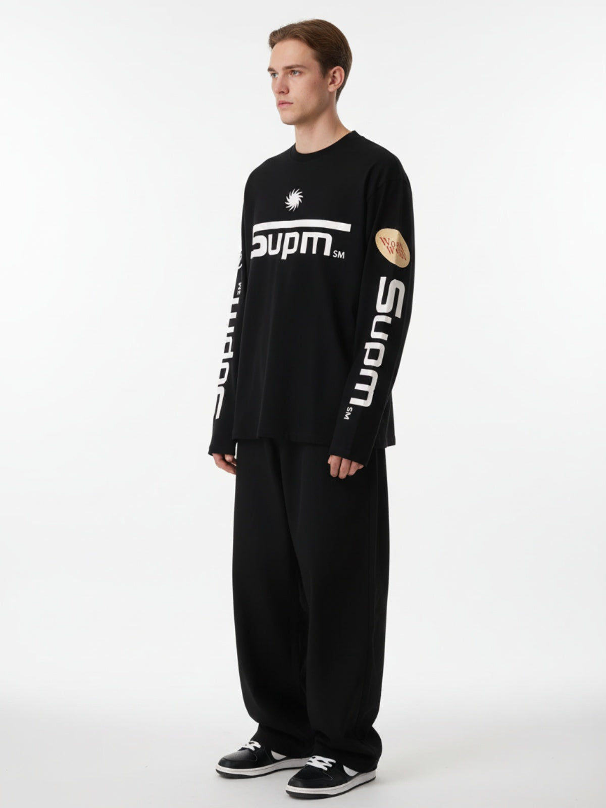 Textured Waffle SUPM Letter Graphic Long Sleeve T-Shirt - 2600