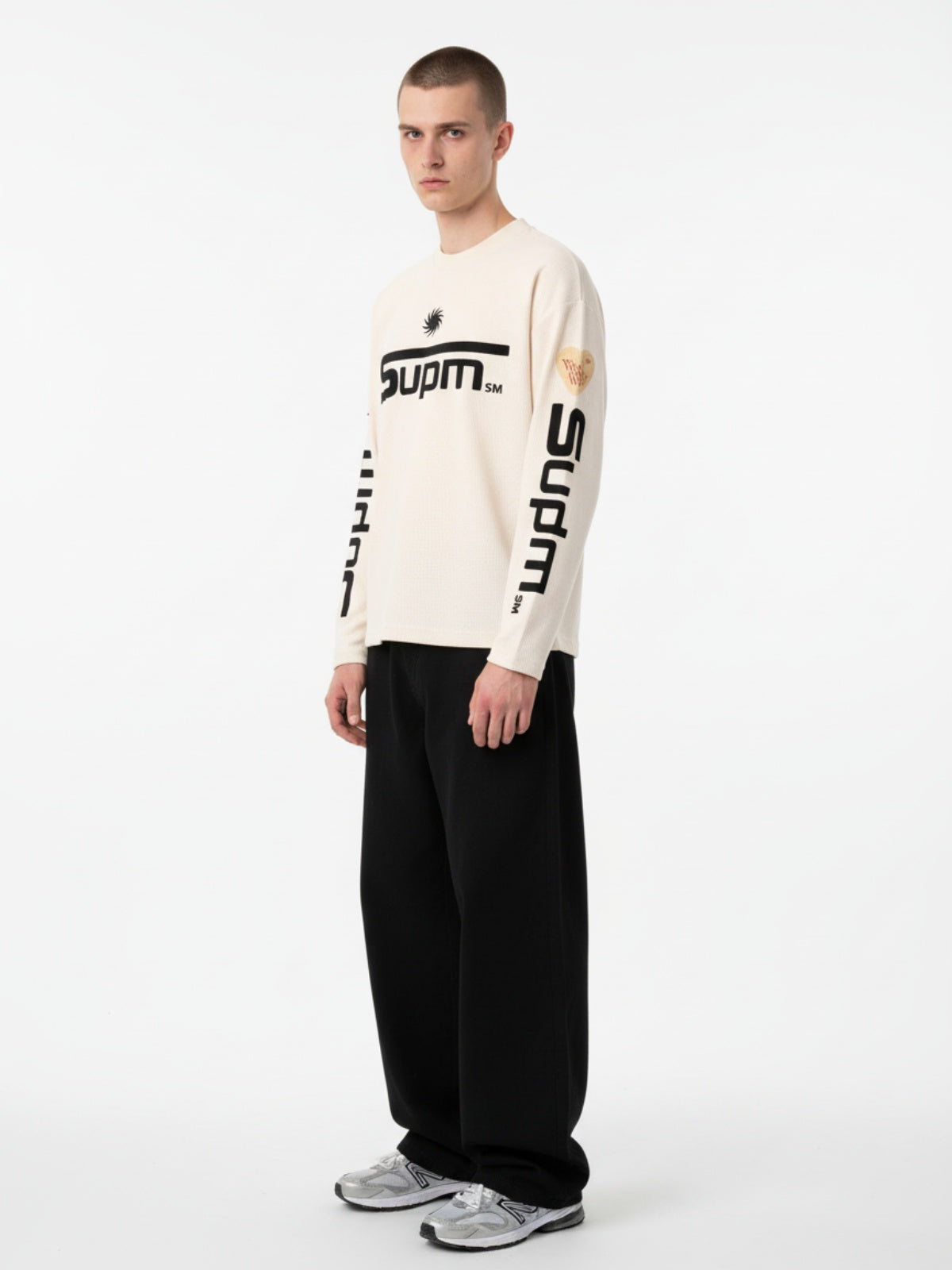 Textured Waffle SUPM Letter Graphic Long Sleeve T-Shirt - 2600