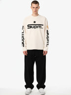 Textured Waffle SUPM Letter Graphic Long Sleeve T-Shirt - 2600