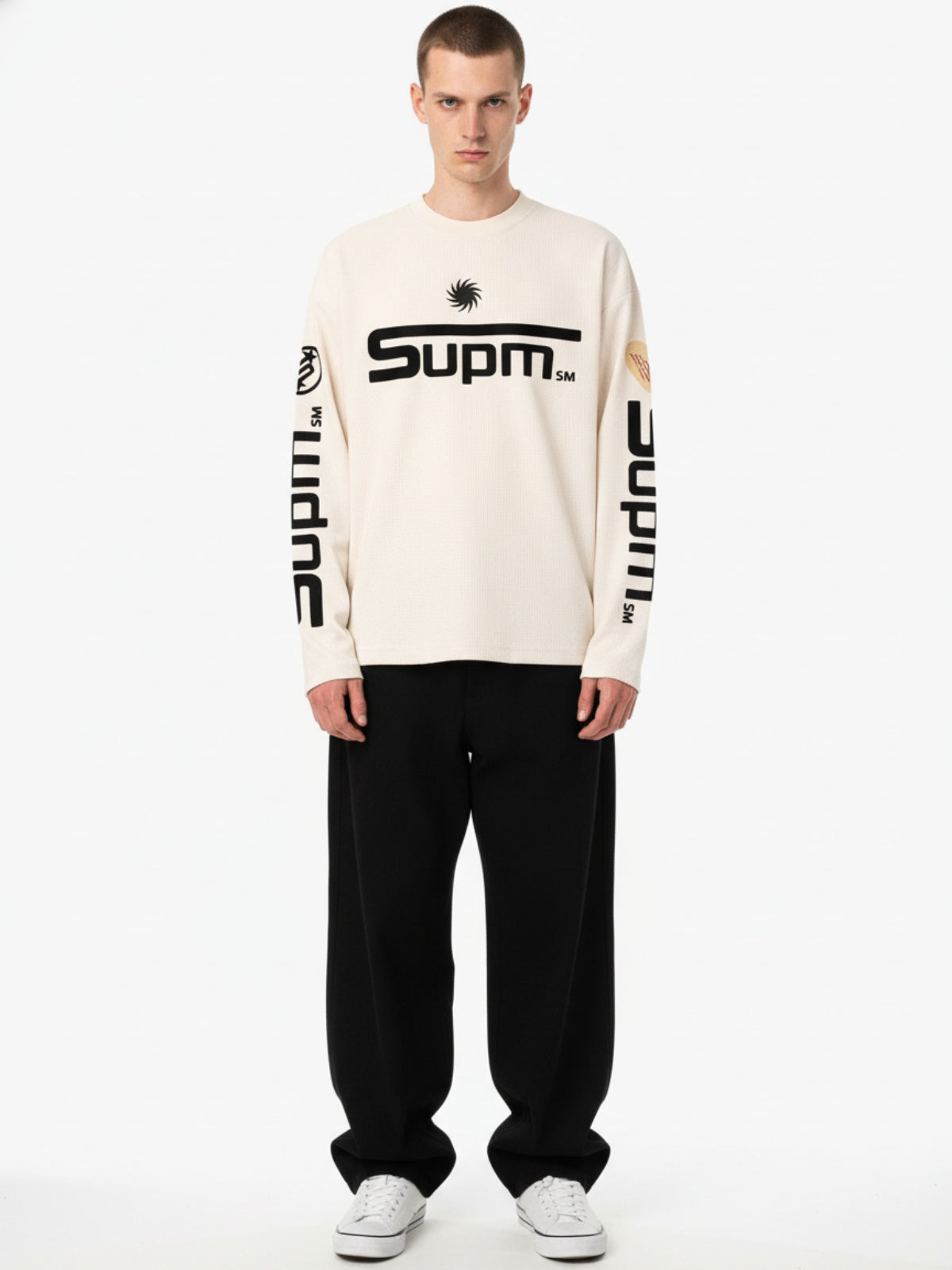 Textured Waffle SUPM Letter Graphic Long Sleeve T-Shirt - 2600