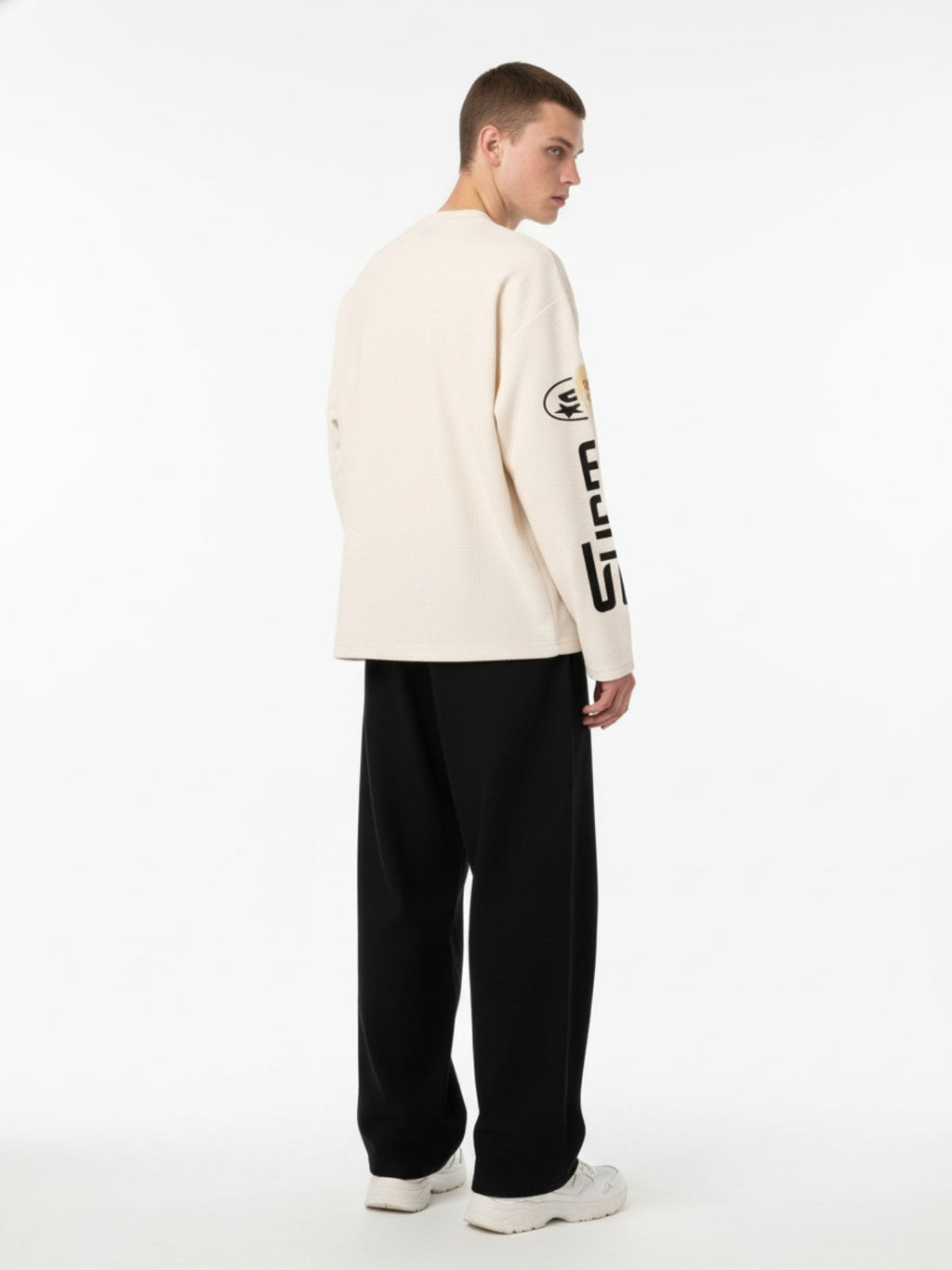Textured Waffle SUPM Letter Graphic Long Sleeve T-Shirt - 2600