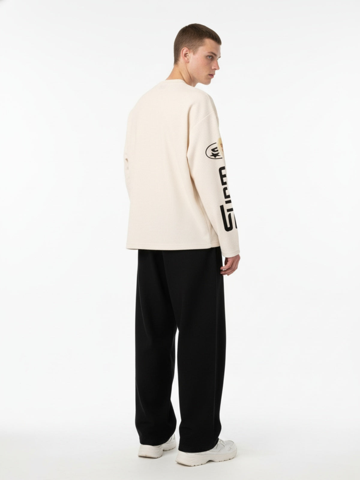 Textured Waffle SUPM Letter Graphic Long Sleeve T-Shirt - 2600