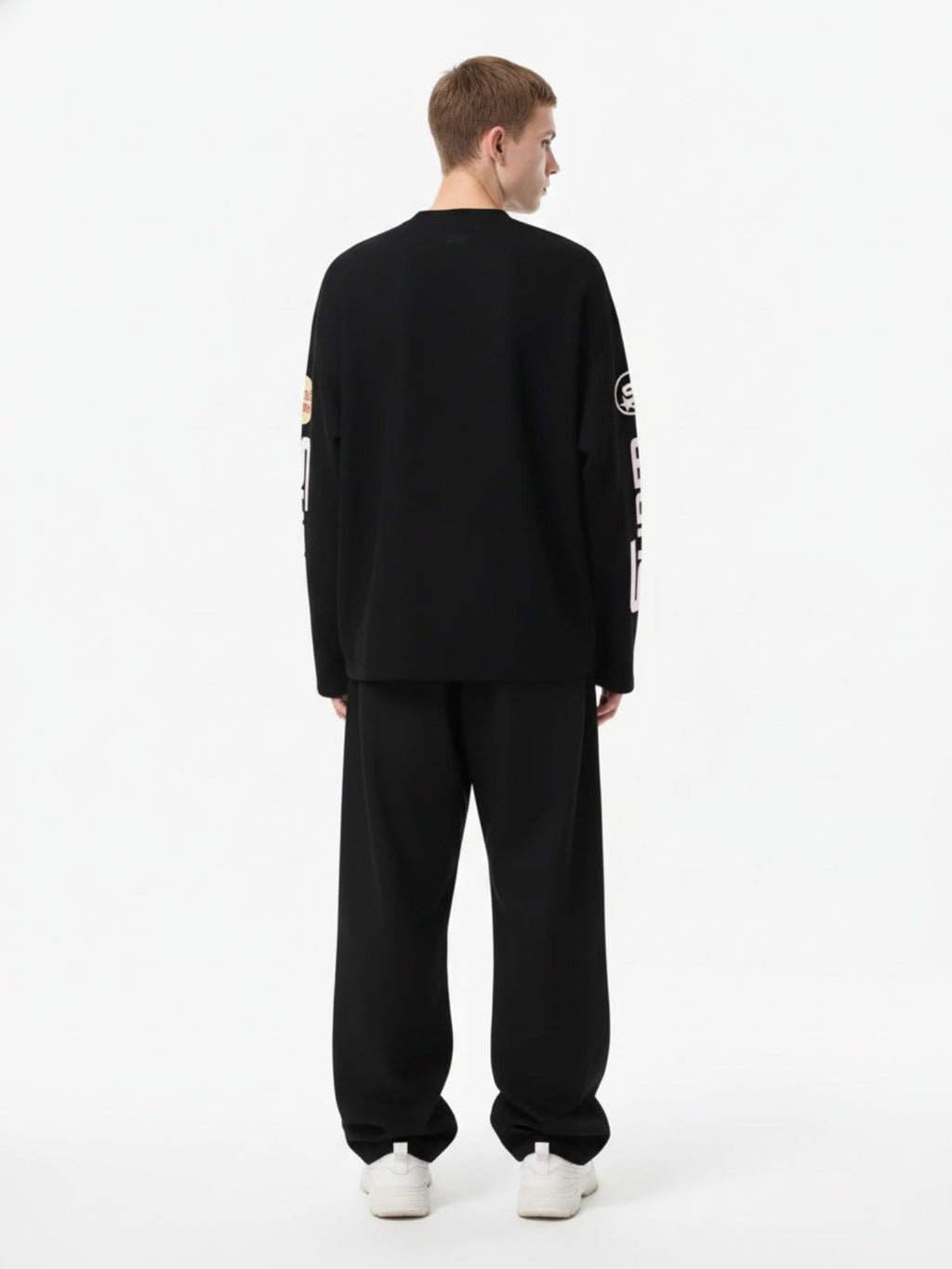 Textured Waffle SUPM Letter Graphic Long Sleeve T-Shirt - 2600