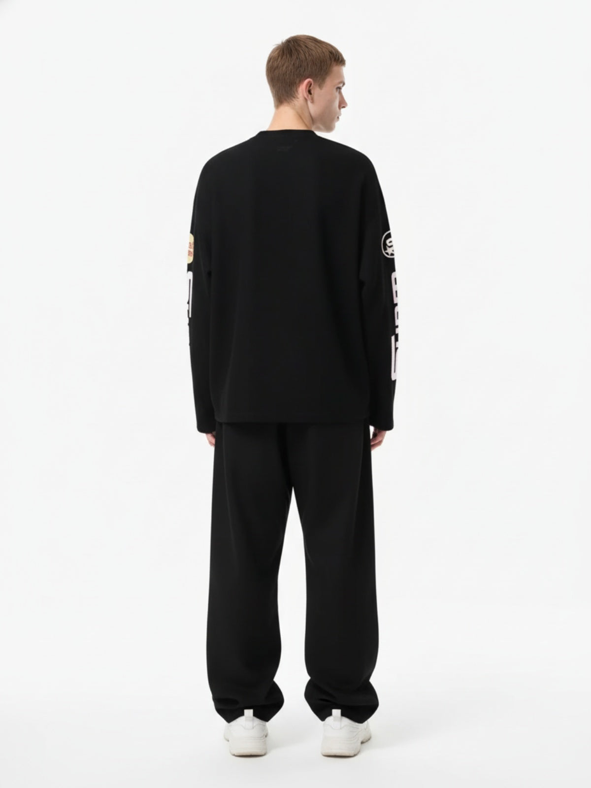 Textured Waffle SUPM Letter Graphic Long Sleeve T-Shirt - 2600