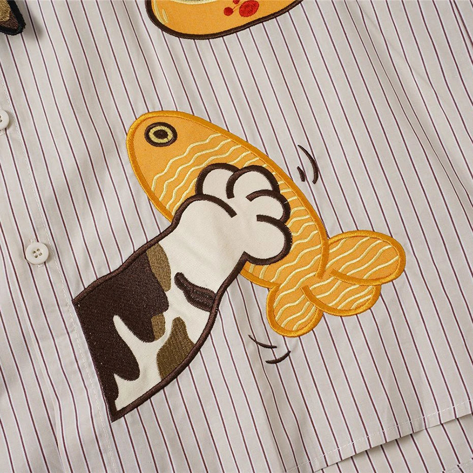 Shirts Vintage Cat Embroidered Loose Shirt — fabric close-up