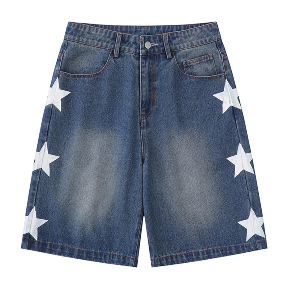 Retro Blue Star Spliced Loose Denim Shorts — detail shot