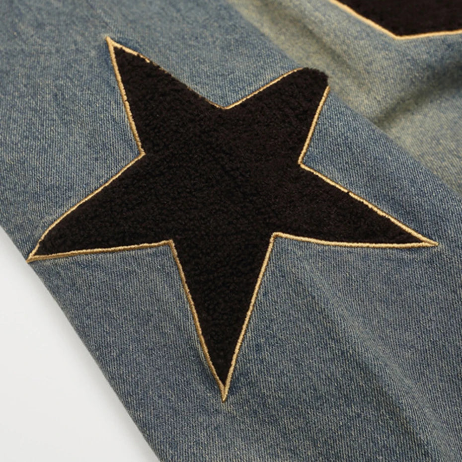 Vintage Letter Star Embroidered Denim Oversized Hoodie — fit shot