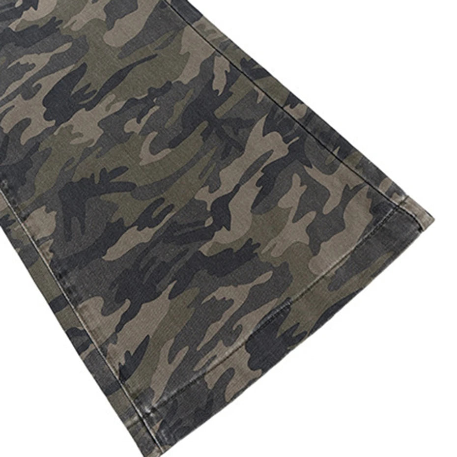 Vintage Camouflage Patchwork Denim Baggy Jeans — fabric close-up