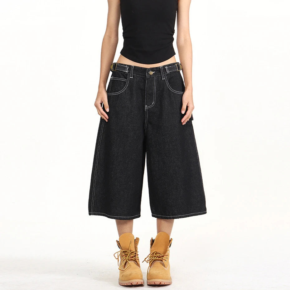 Wide Leg Denim Shorts — back view