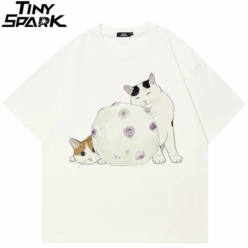 Y2K White Cats Cartoon Graphic T-Shirt — front view