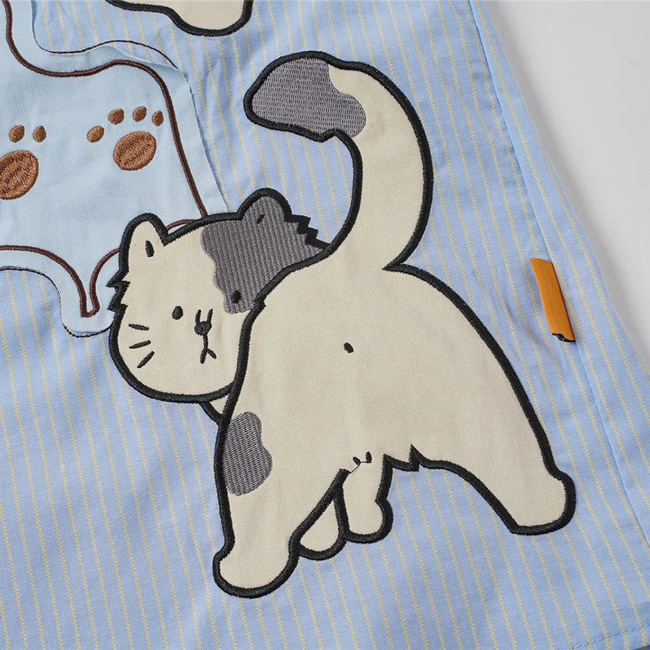 Funny Cat Embroidered Loose Shirt — fit shot