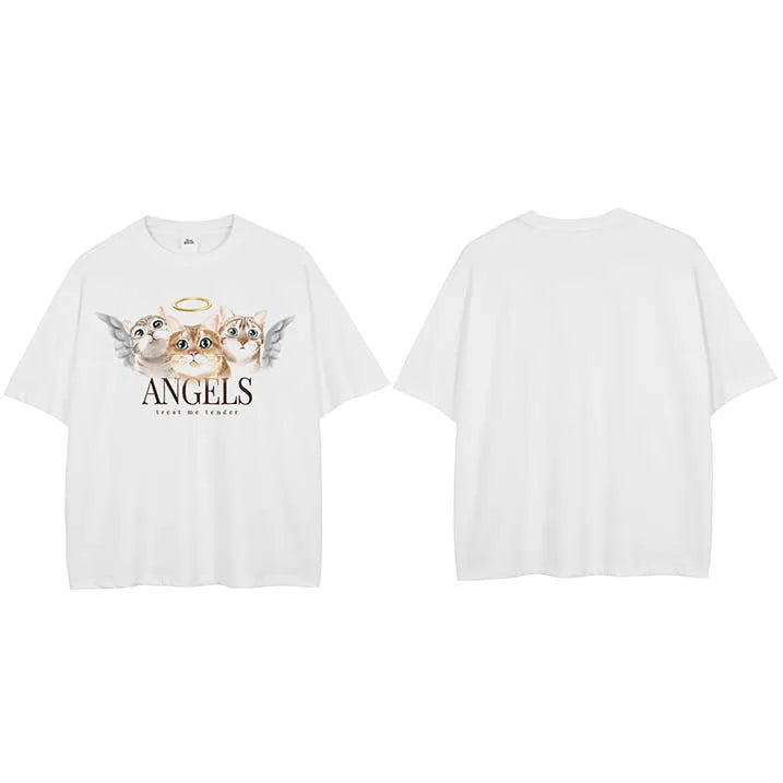 Beige Angel Cat Graphic T-Shirt — flat lay