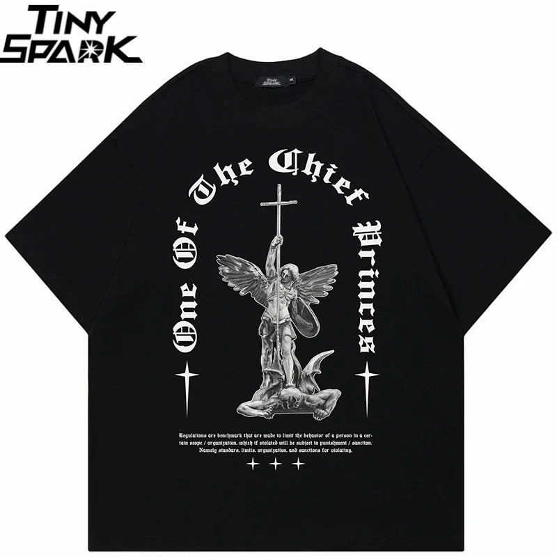 Black Cross Angel Graphic T-Shirt — front view