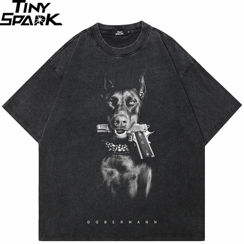 Gun Vintage Black Doberman Dog Washed T-Shirt — front view