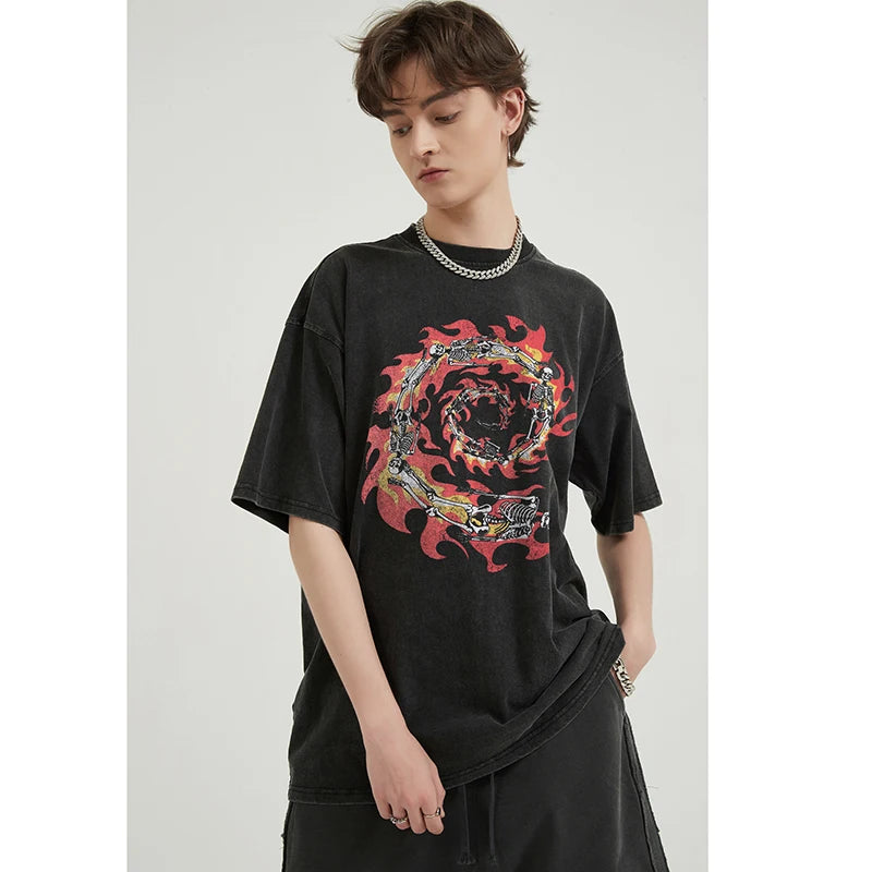 Vintage Black Burning Skull Graphic Oversized T-Shirt — detail shot