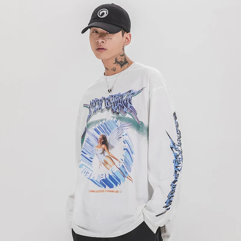 Retro Angel Print Loose T-Shirt — fabric close-up