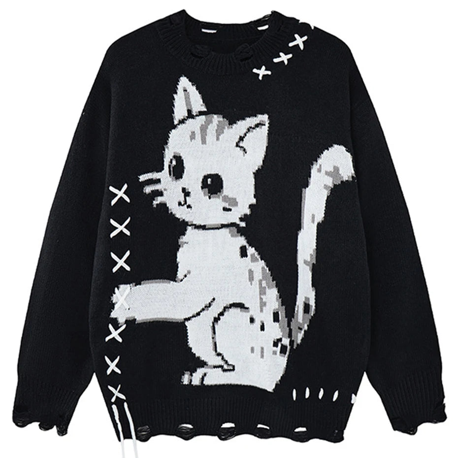Funny Y2K Cat Knit Oversized Sweater — styling shot