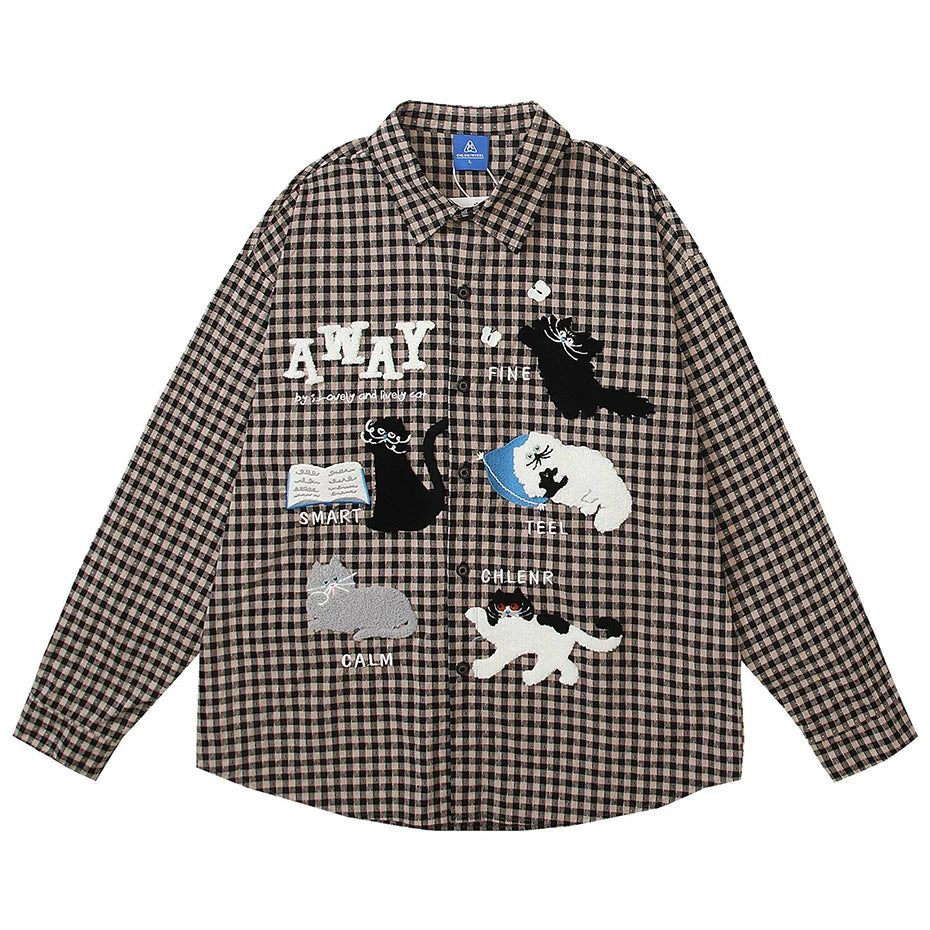 Vintage Plaid Cats Graphic Loose Shirt — styling shot