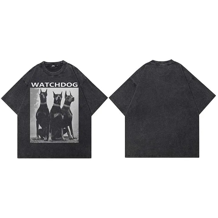 Animal Vintage Black Doberman Dog Washed T-Shirt — fabric close-up