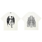 White Angel Skeleton Graphic T-Shirt — fabric close-up