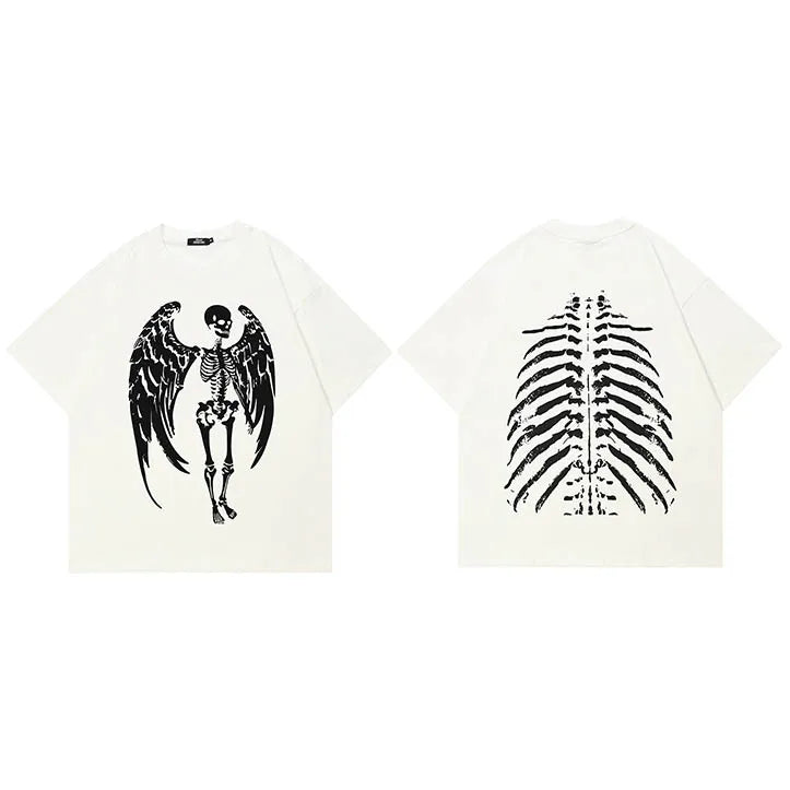 White Angel Skeleton Graphic T-Shirt — fabric close-up