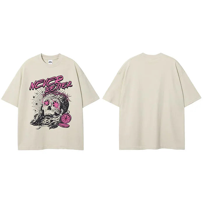 Y2K Beige Graffiti Skull Graphic T-Shirt — styling shot