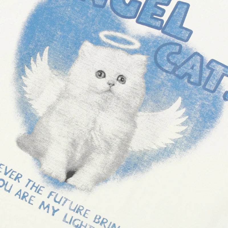 White Baby Angel Cat Graphic T-Shirt — detail shot