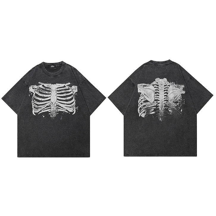 Black Skeleton Faded T-Shirt — fabric close-up