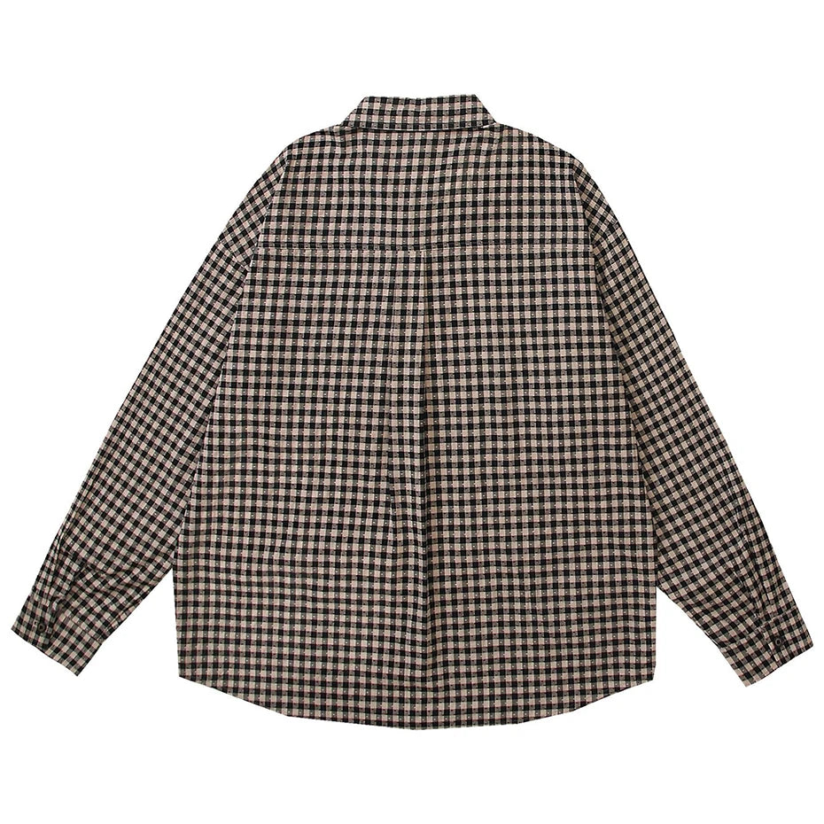 Vintage Plaid Cats Graphic Loose Shirt — front view