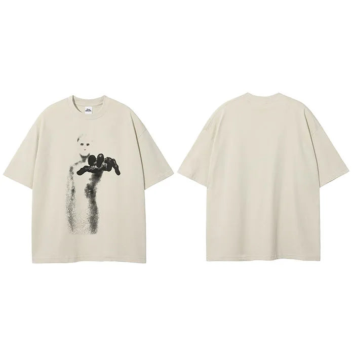 White Beige Shadow Graphic T-Shirt — fabric close-up