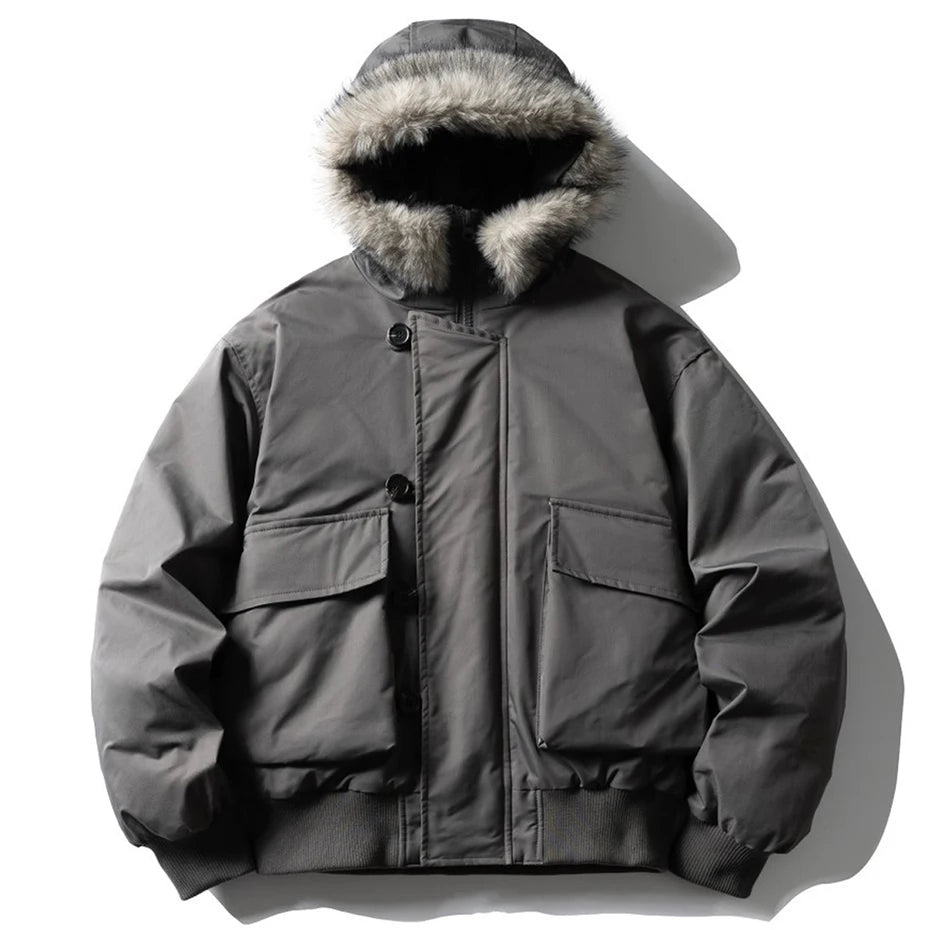 White Padded Fur Loose Puffer Jacket — back view