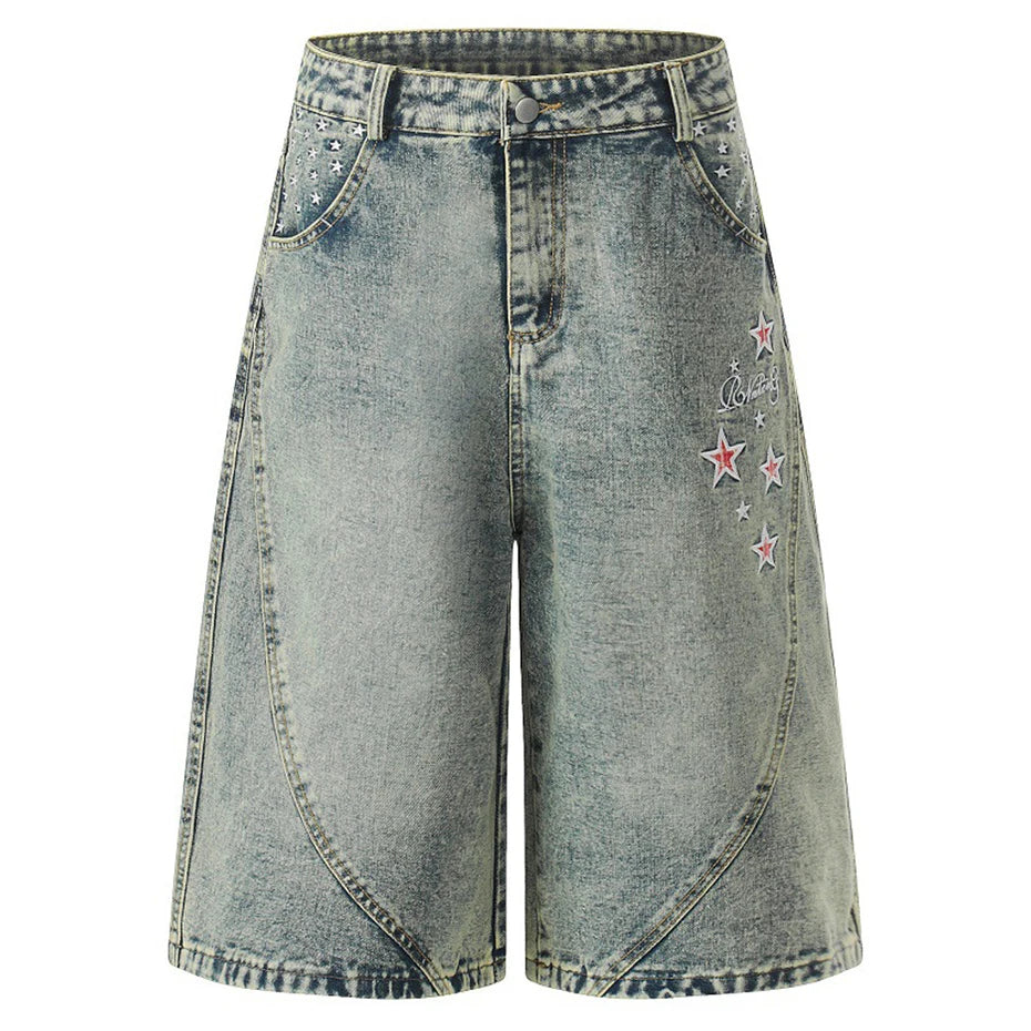 Vintage Blue Star Embroidered Denim Shorts — styling shot