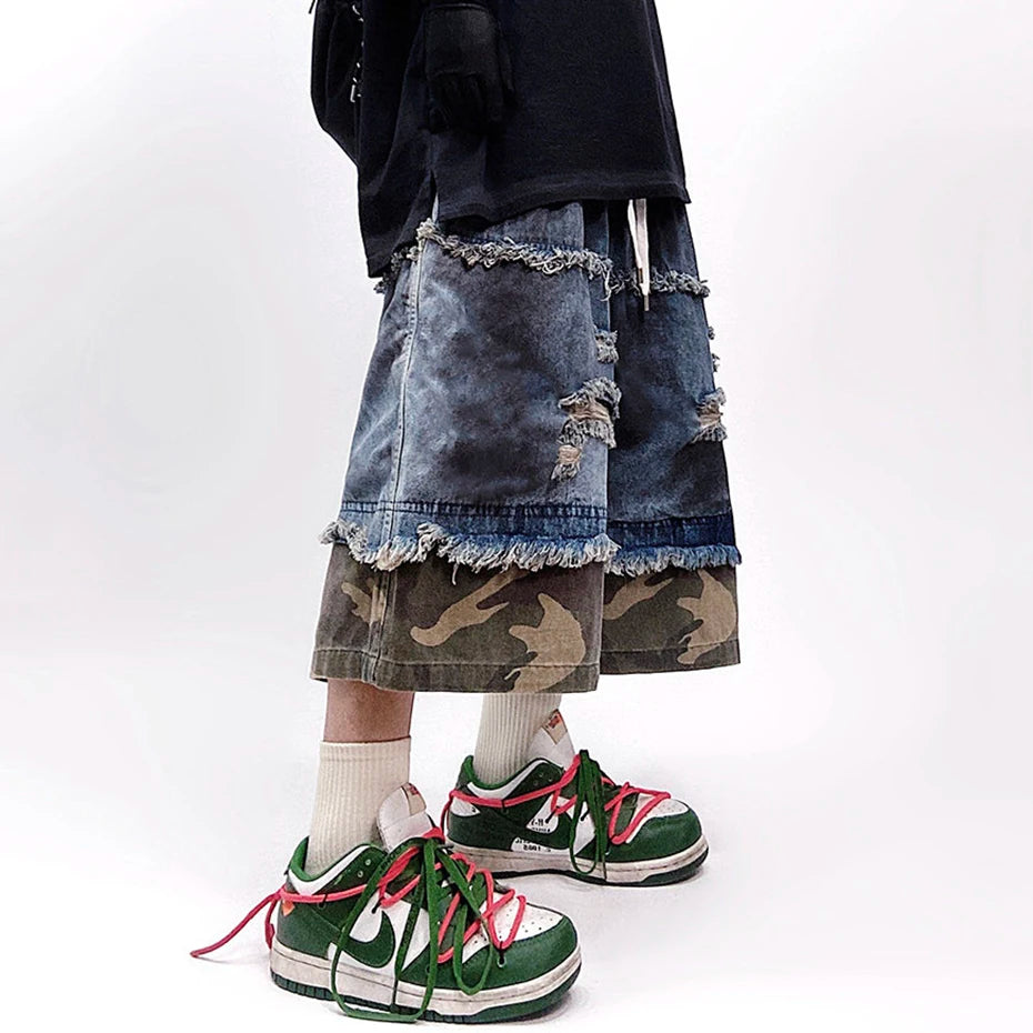Vintage Camouflage Patchwork Baggy Denim Shorts — detail shot
