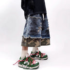 Vintage Camouflage Patchwork Baggy Denim Shorts — detail shot
