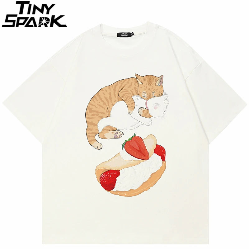 Funny Y2K White Cat Cartoon Graphic T-Shirt — front view