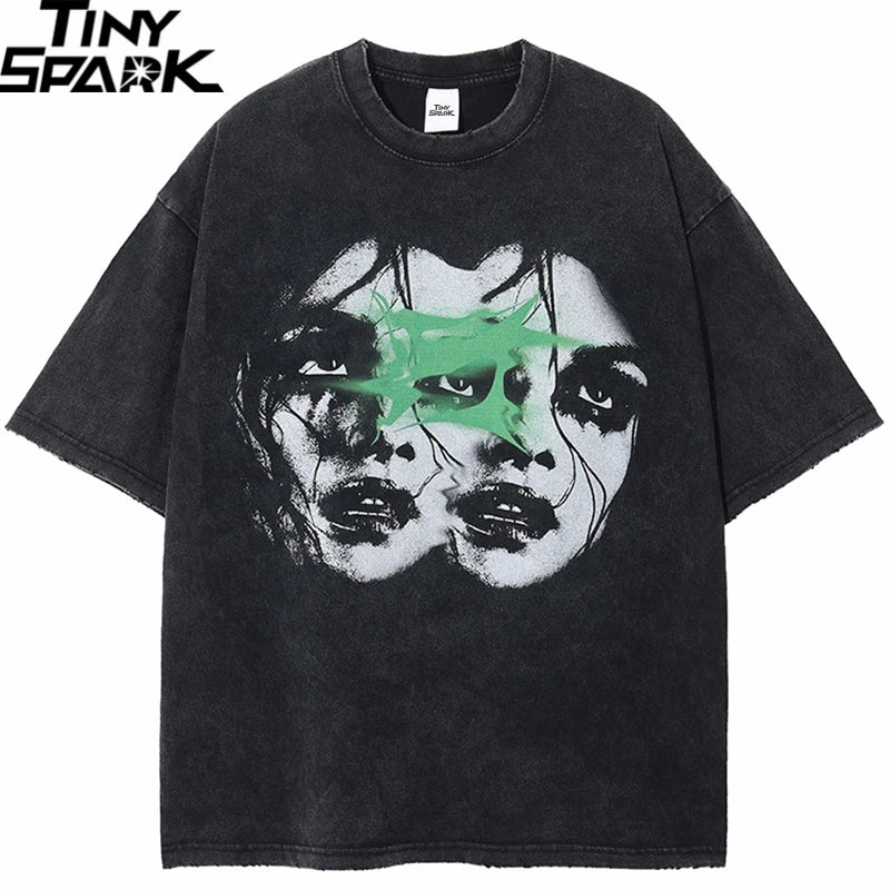 Retro Black Double Faces Washed T-Shirt — front view