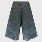Fake Vintage Blue Ripped Wide Leg Denim Shorts — front view