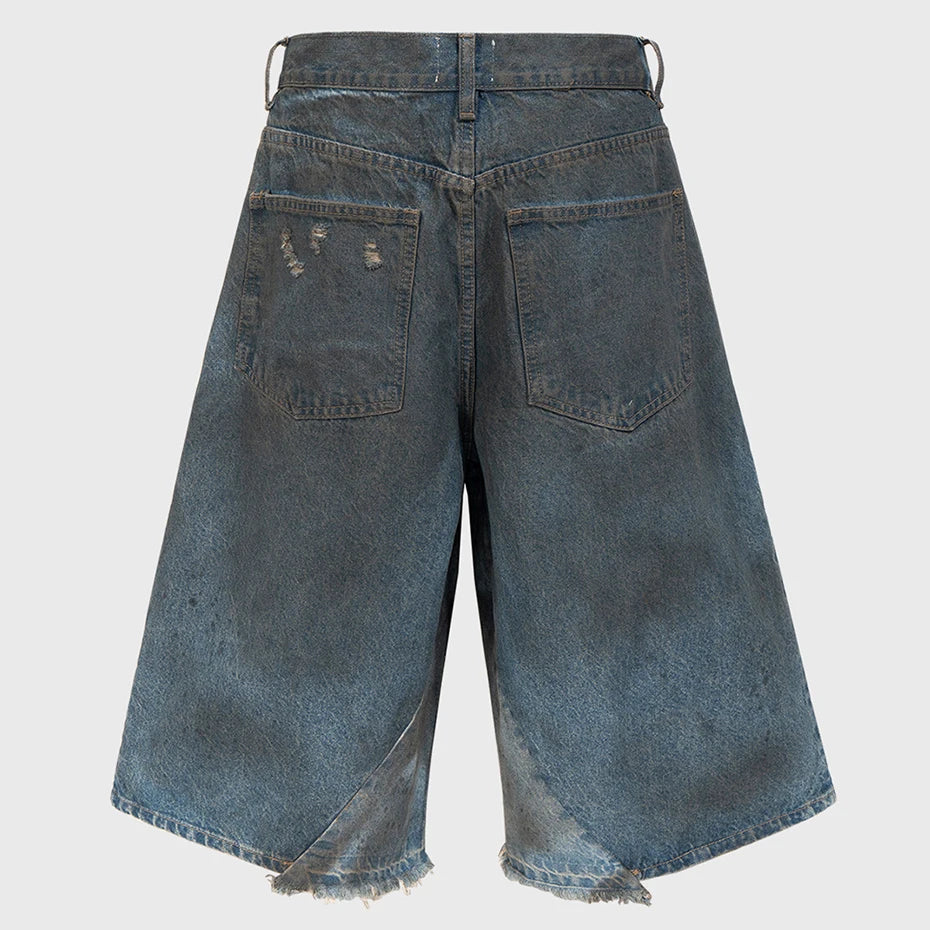 Fake Vintage Blue Ripped Wide Leg Denim Shorts — front view