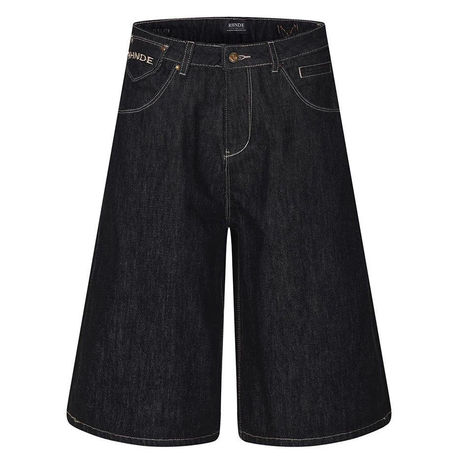 Black Blue Loose Denim Shorts — back view