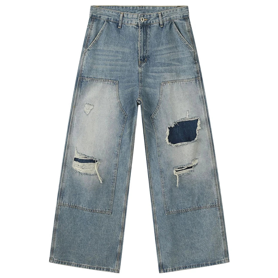 Patchwork Vintage Blue Ripped Denim Baggy Jeans — fabric close-up