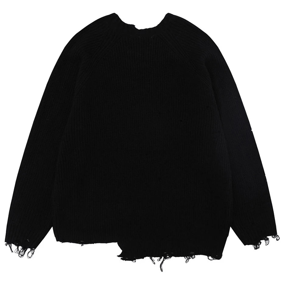 Y2K Black Ripped Knit Loose Sweater — detail shot