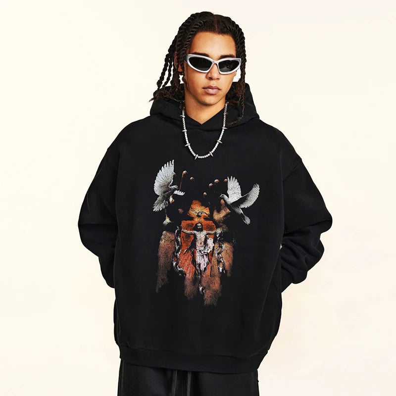 Vintage Retro Black Graphic Hoodie — front view