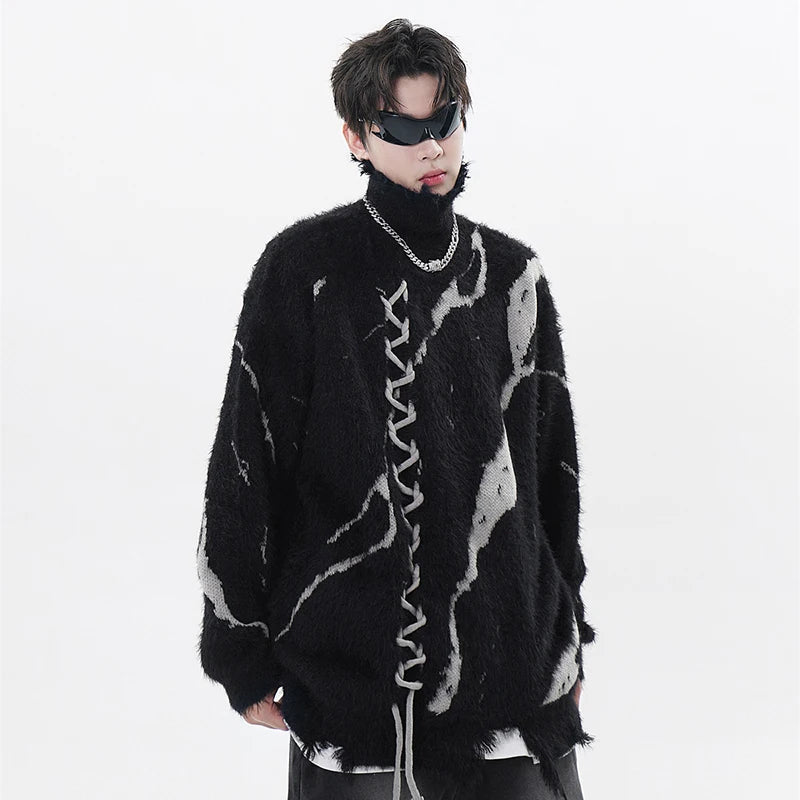 Retro Black Distressed Knit Sweater — front view