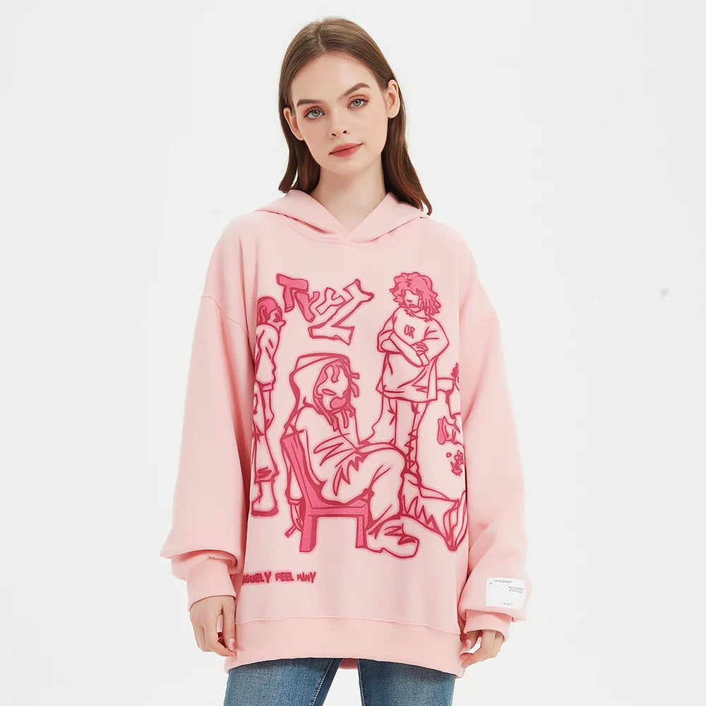 Pink Cartoon Anime Graphic Hoodie — fit shot
