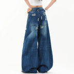 Wide Vintage Blue Denim Baggy Jeans — fabric close-up